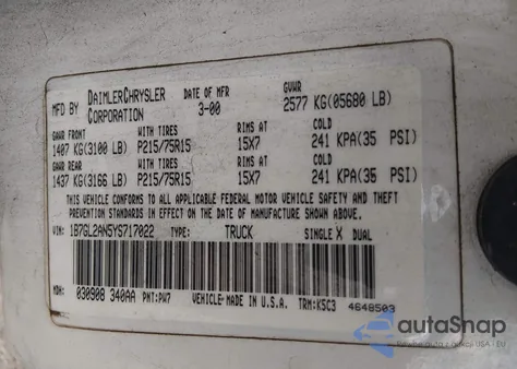 2000 Dodge Dakota Slt/Sport from USA, damaged, VIN 1B7GL2AN5YS717022